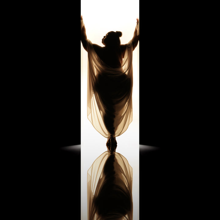 Backlit fine art silhouette of a woman with arms raised in cream sheer fabric, with floor reflection