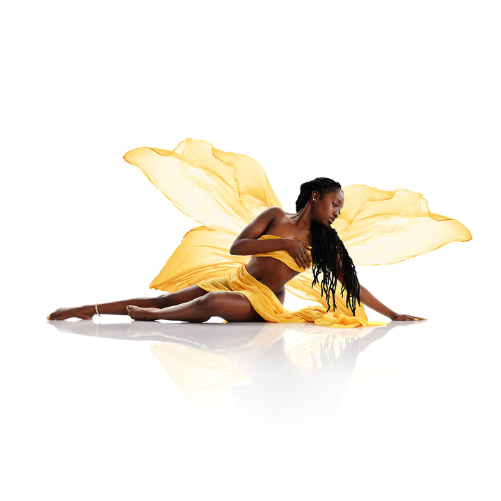 High key fine art portrait of a woman in yellow chiffon with fabric fanned like wings on a white backdrop